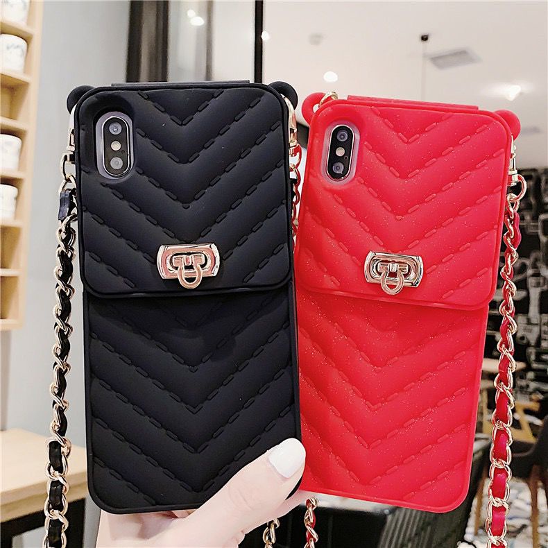 Softcase Silikon Tas Chan*nel Hitam Tali rantai Iphone 7 8 7+ 8+ X Xs Xr Max 11 12 13 Pro Max FH45