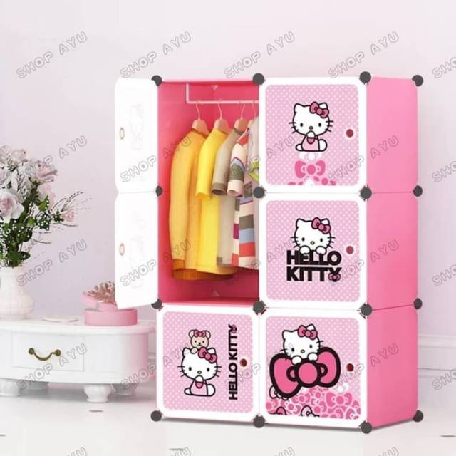 Lemari pakaian rak susun plastik lemari baju anak 6 pintu hello kitty