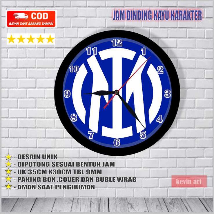 JAM DINDING KAYU UNIK ARTISTIK BESAR VINTAGE GAMBAR LOGO INTERMILAN