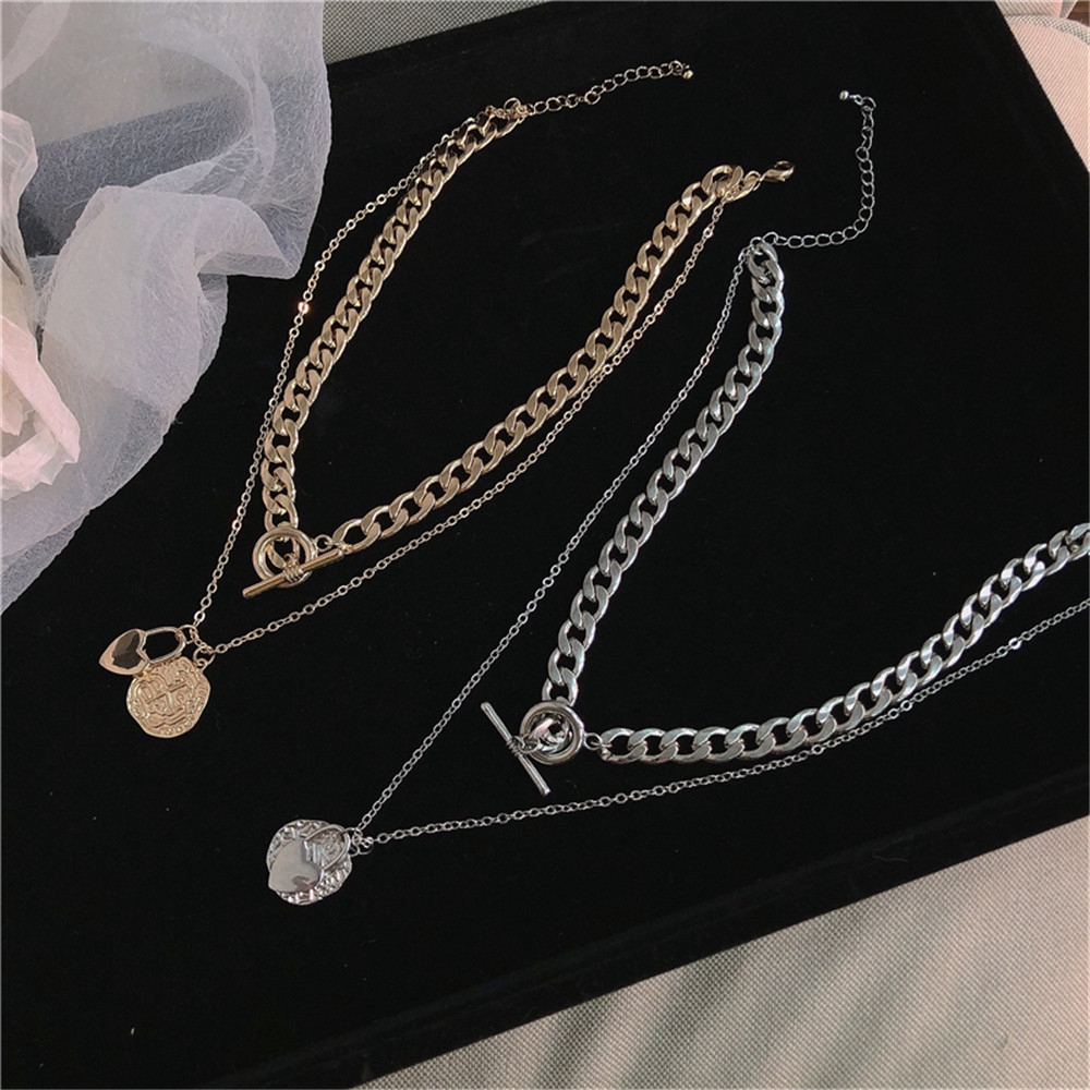 【COD Tangding】New Korea Fashion Style Chain Heart Lock Pendant Two - Layer Necklace Accessories