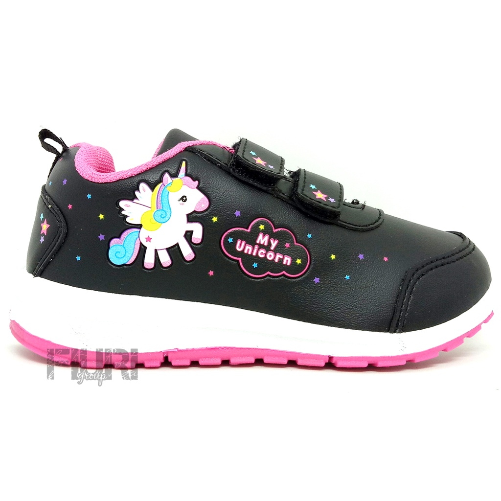 FIURI - ANDO ORIGINAL -  MINICORN PEREKAT 29-32 HITAM PINK - SEPATU SNEAKERS KANVAS SOL KARET ANAK KECIL PEREMPUAN  - SEPATU KUDA UNICORN KETS LUCU FASHION TRENDY - SEPATU SEKOLAH PAUD TK KRETEKAN PEREKAT CEWEK MURAH PROMO DISKON BONUS KAOS KAKI