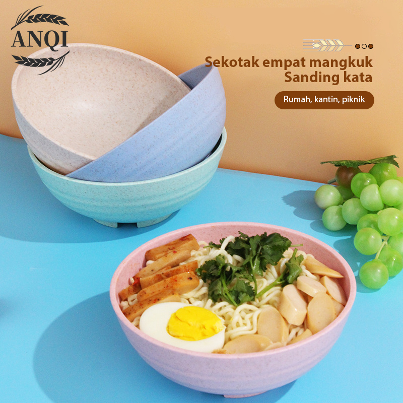 ANQI 4Pcs Mangkok Bowl Mangkuk Plastik Microwave Warna Warni Set Mangkuk Gandum Quality Wheat Bowl