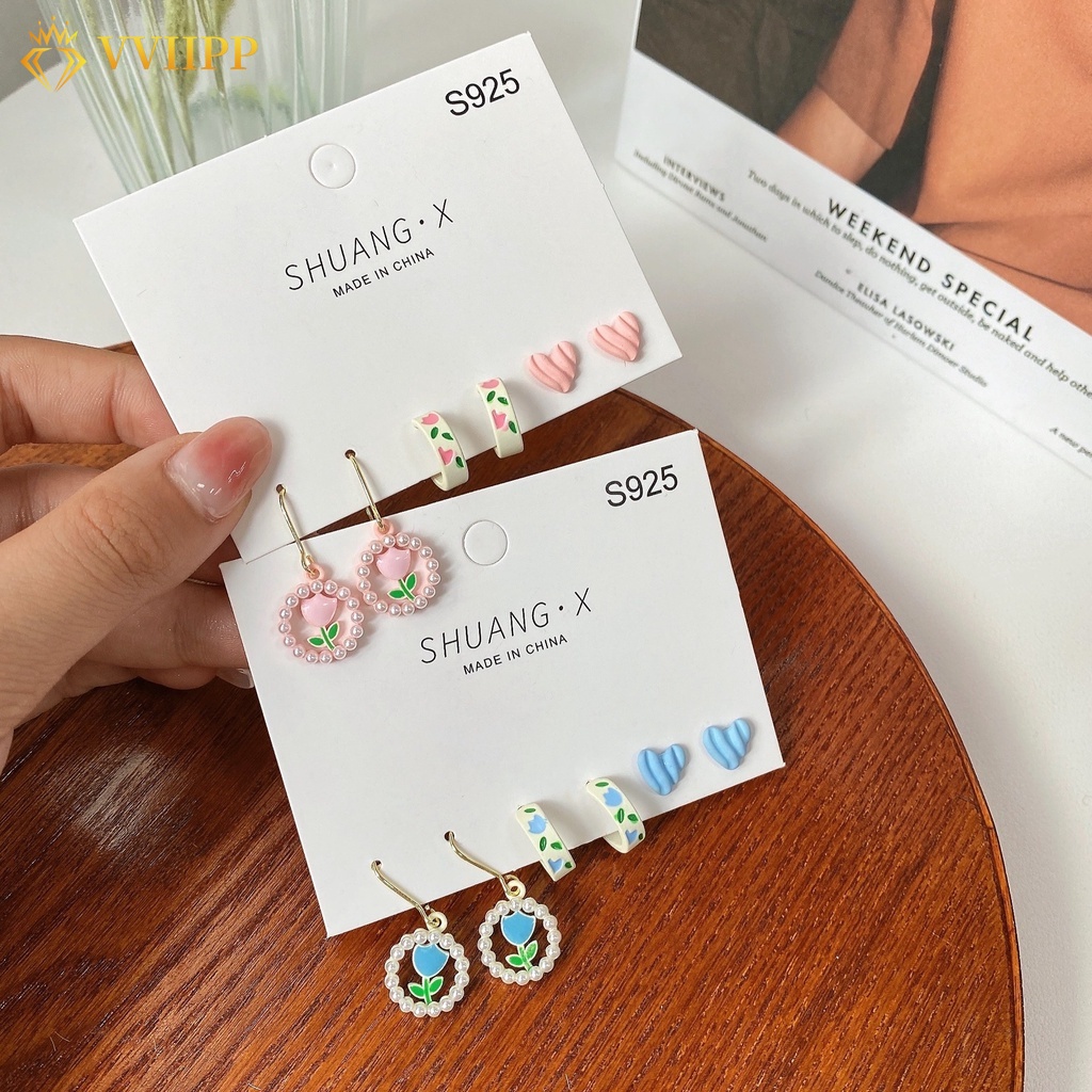 Anting Hoop Bentuk Hati Tulip Aksen Mutiara Bahan S925 Gaya Korea Untuk Wanita