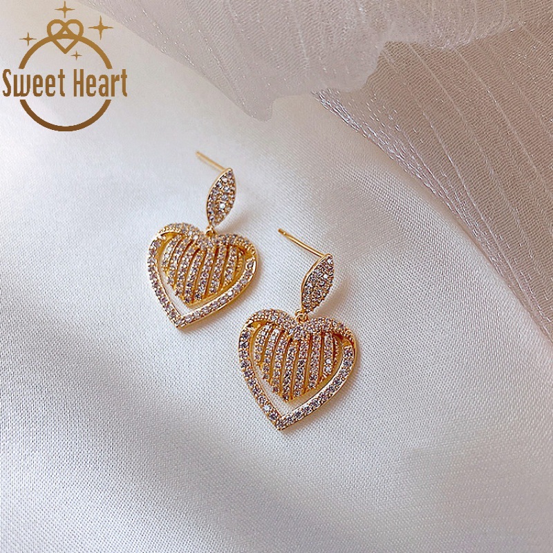 Anting Berlian Imitasi Bentuk Hati Model Hollow Untuk Wanita