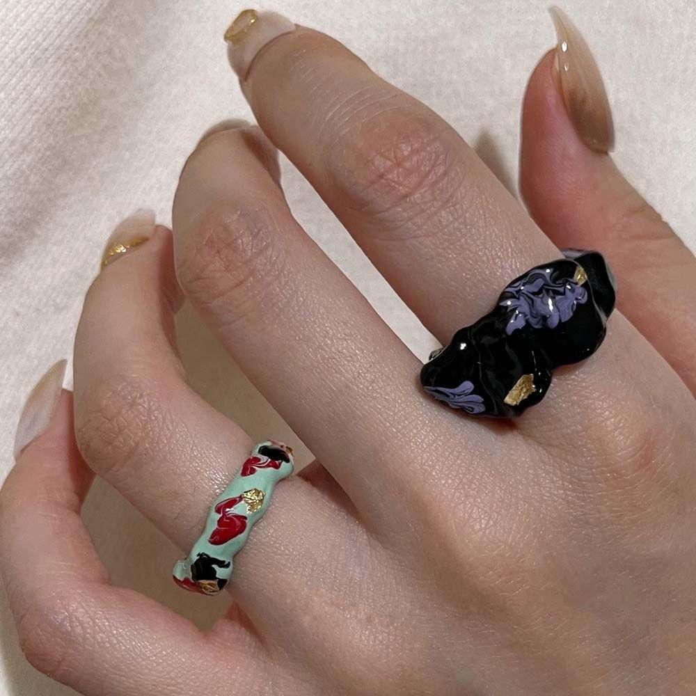 Needway  Geometric Finger Rings Personality Alloy Open Ring Women Colorful Korean Painted Flower Temperament Girls Fashion Jewelry/Multicolor