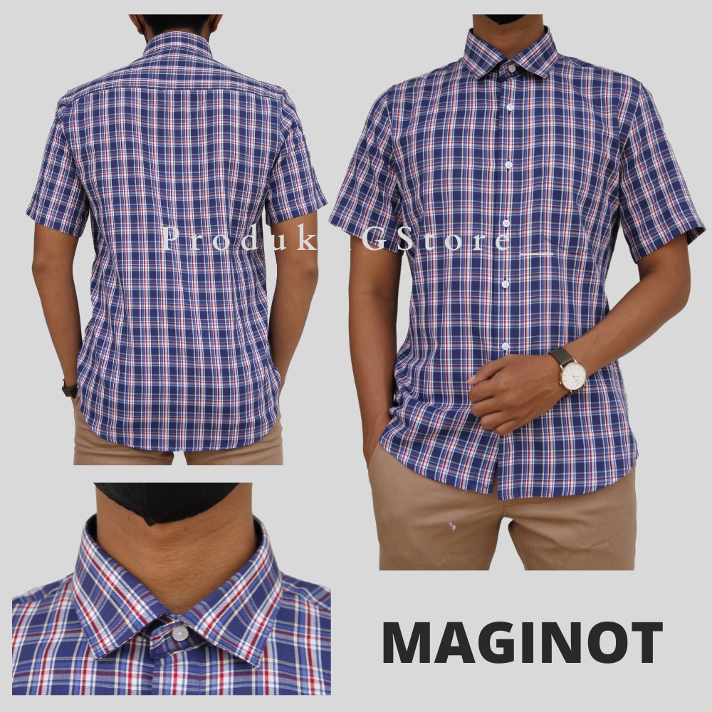 Kemeja Formal Slimfit Maginot Lengan Pendek Pria Motif Kotak-kotak Biru 05 Good Quality 100% Original