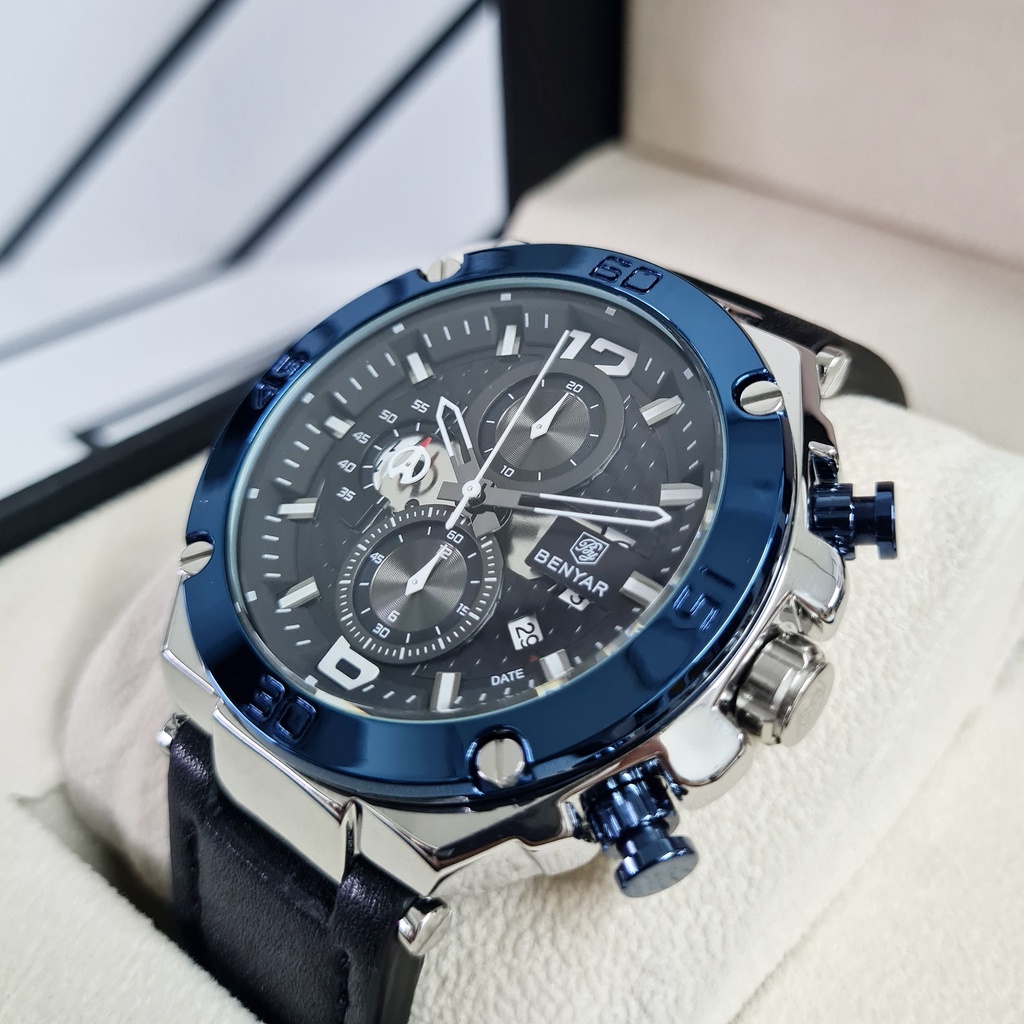 (COD) Jam Tangan Pria Original BENYAR Fortune Biru Blue Navy Tali Hitam Black Kulit Leather Analog