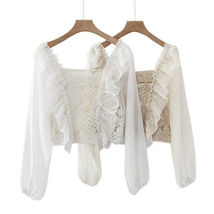 【COD√】#004 Kemeja Wanita Model Hollow Dan Ruffle Lengan Puff Dengan Kerah Persegi-8
