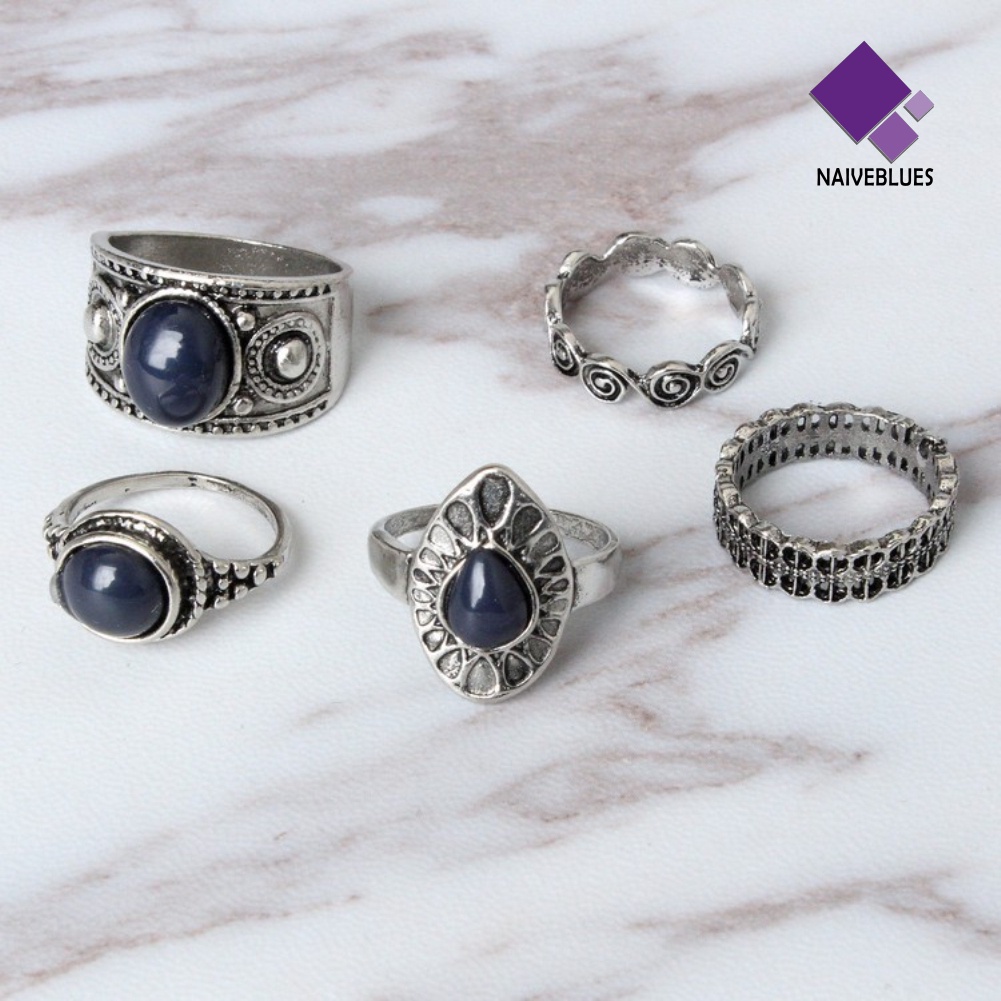 Naiveblue 5Pcs / Set Cincin Gaya Vintage Bohemia Aksen Batu Biru Untuk Perhiasan Wanita