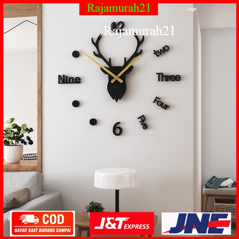 Jam Dinding DIY Giant Wall Clock Quartz Creative Design Model Deer Head 100cm - Black - 7RHXF8BK