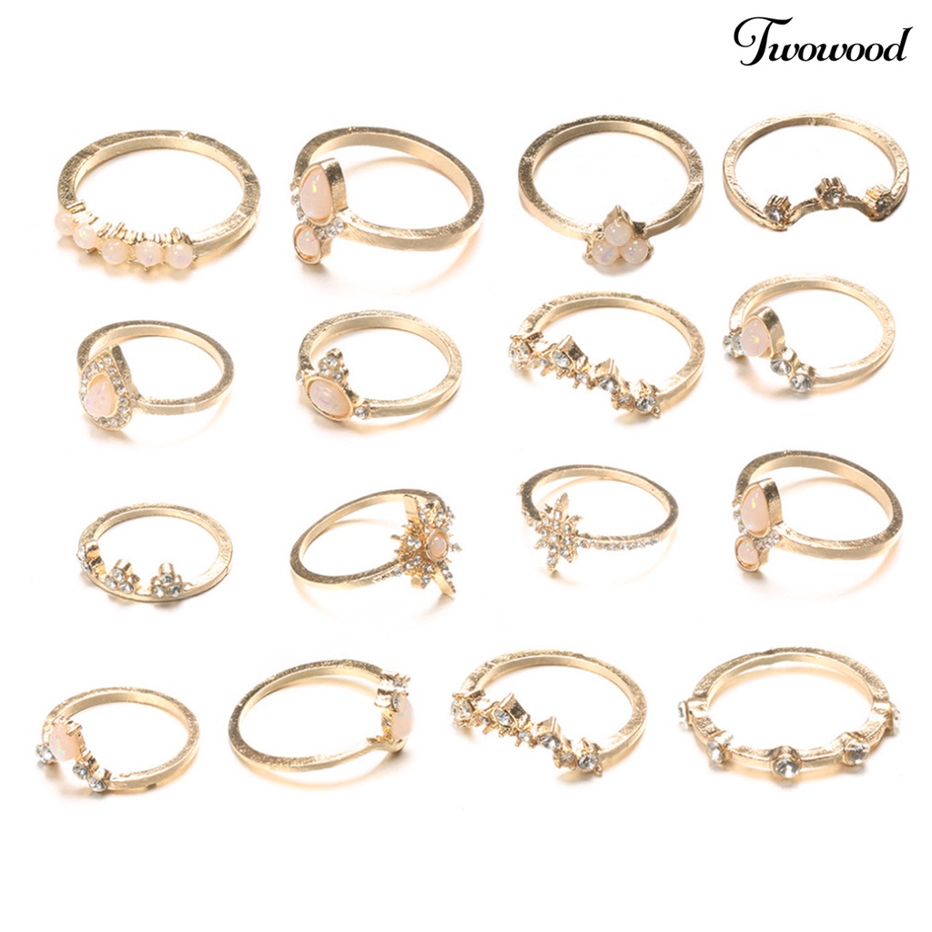 16pcs / Set Cincin Knuckle Bentuk Mahkota Aksen Berlian Imitasi Bahan Alloy Stackable Gaya Bohemia