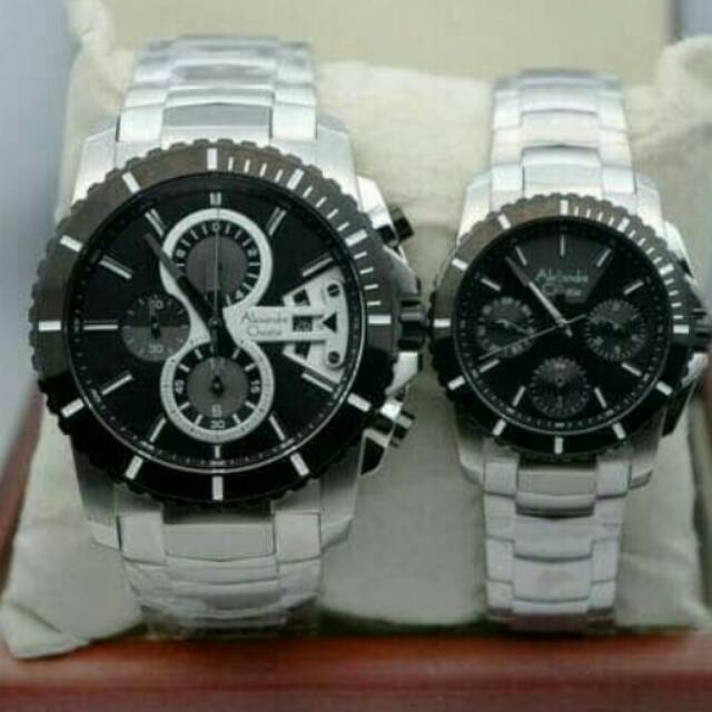 Jam tangan couple alexandre christie silver black original ac 6455