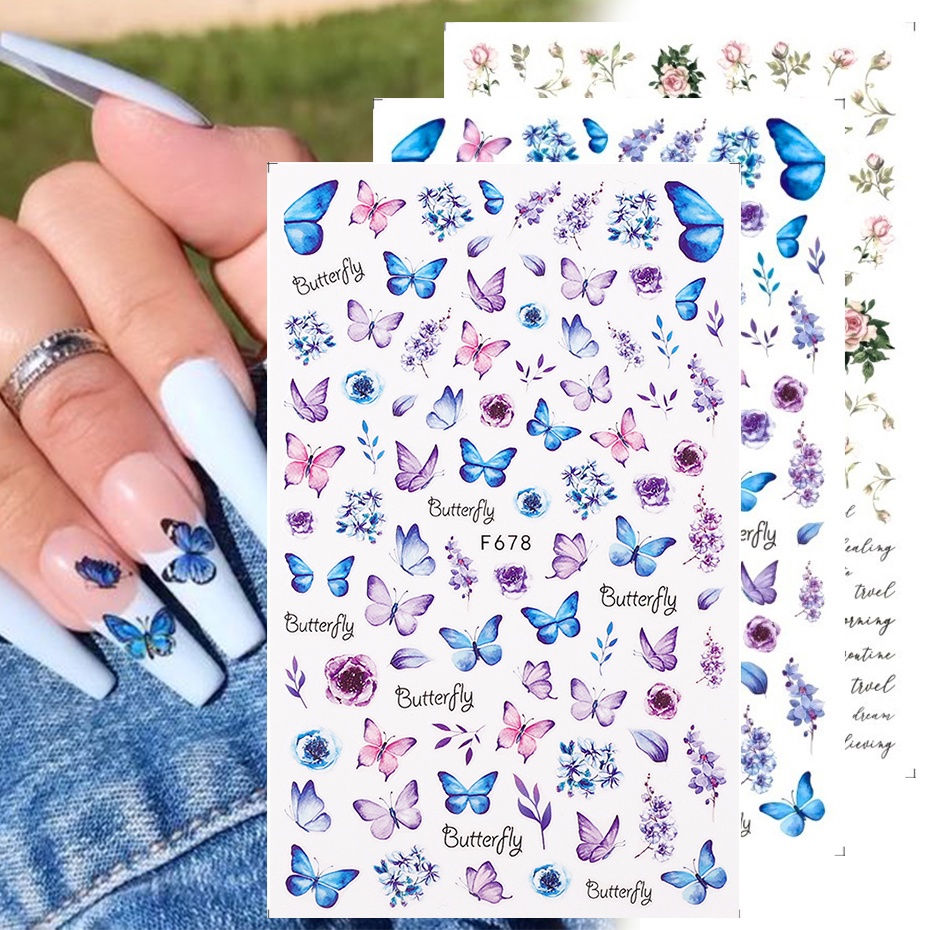 1 Lembar Stiker Kuku Transfer Air Desain Kupu-Kupu Dan Bunga 3d Holografik Untuk Dekorasi Manicure