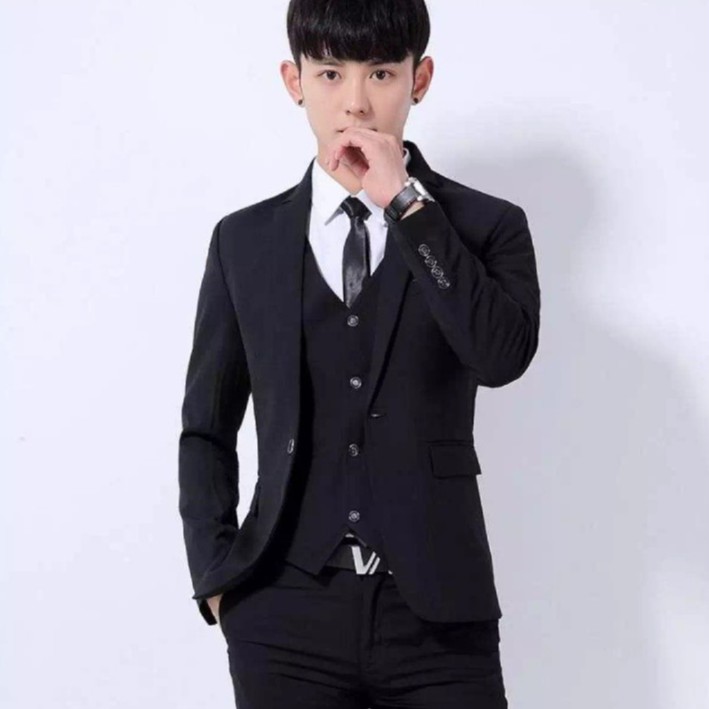 SETELAN JAS FORMAL SLIMFIT PRIA CASUAL FULL BLACK 5IN1 TERLENGKAP TERMURAH ORIGINAL NIKAYU