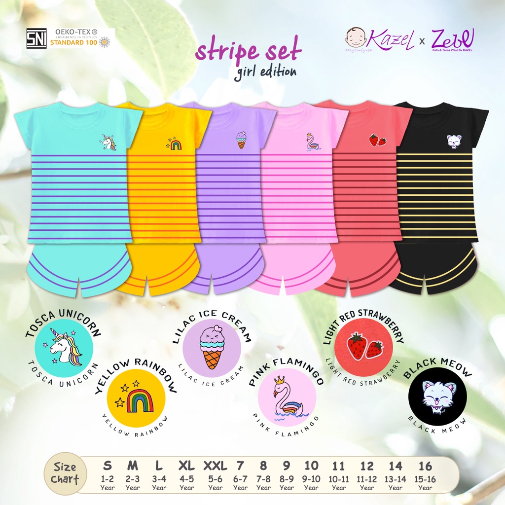 [Size S-XXL] Kazel Stripe Set Girl Edition Setelan Pendek Anak Perempuan 1-5 Tahun