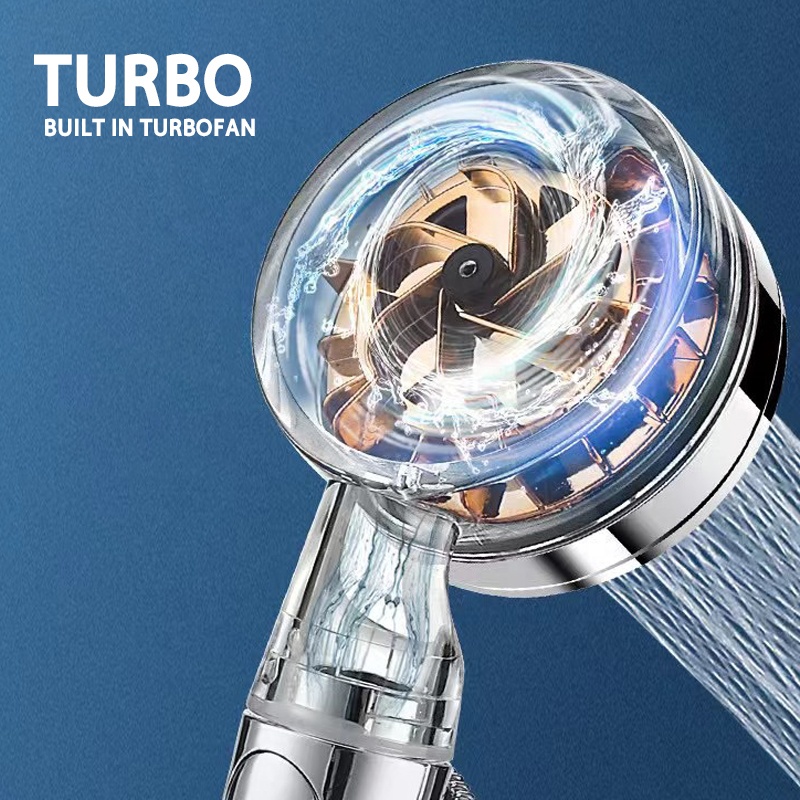 Terbaru Turbo Fan Shower Head Water Saving High-Pressure Rainfall Propeller ABS Jet Shower