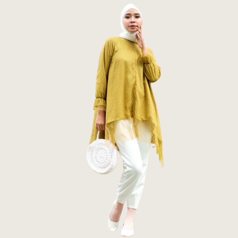 Midi Ruffle Tulle Tunik - Tunik Tile Dot - Atasan Tile - baju kondangan - atasan formal - tunik kond