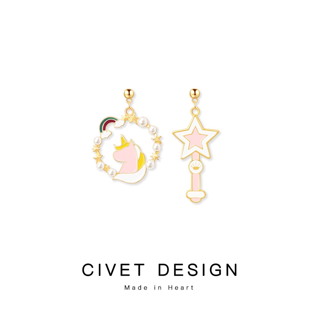 Rainbow unicorn anting-anting fantasi Jepang dan Korea style lucu tongkat sihir mahasiswa perak stud