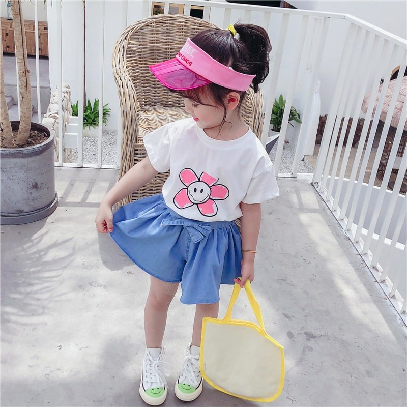 Promo !! Setelan baju anak cewek imut / setelan smile flower so full import ukuran 1tahun (putih)