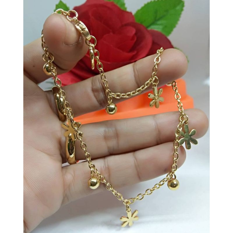 Gelang tangan / kaki Titanium emas gold daun cewek wanita cewe perempuan asli original anti karat