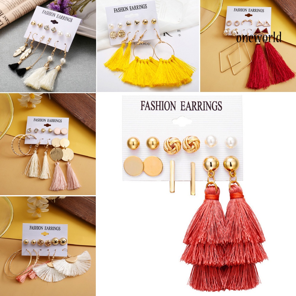 OW@ 6Pcs/Set Bohemia Women Tassel Hook Earrings Ear Stud Set Jewelry Accessories