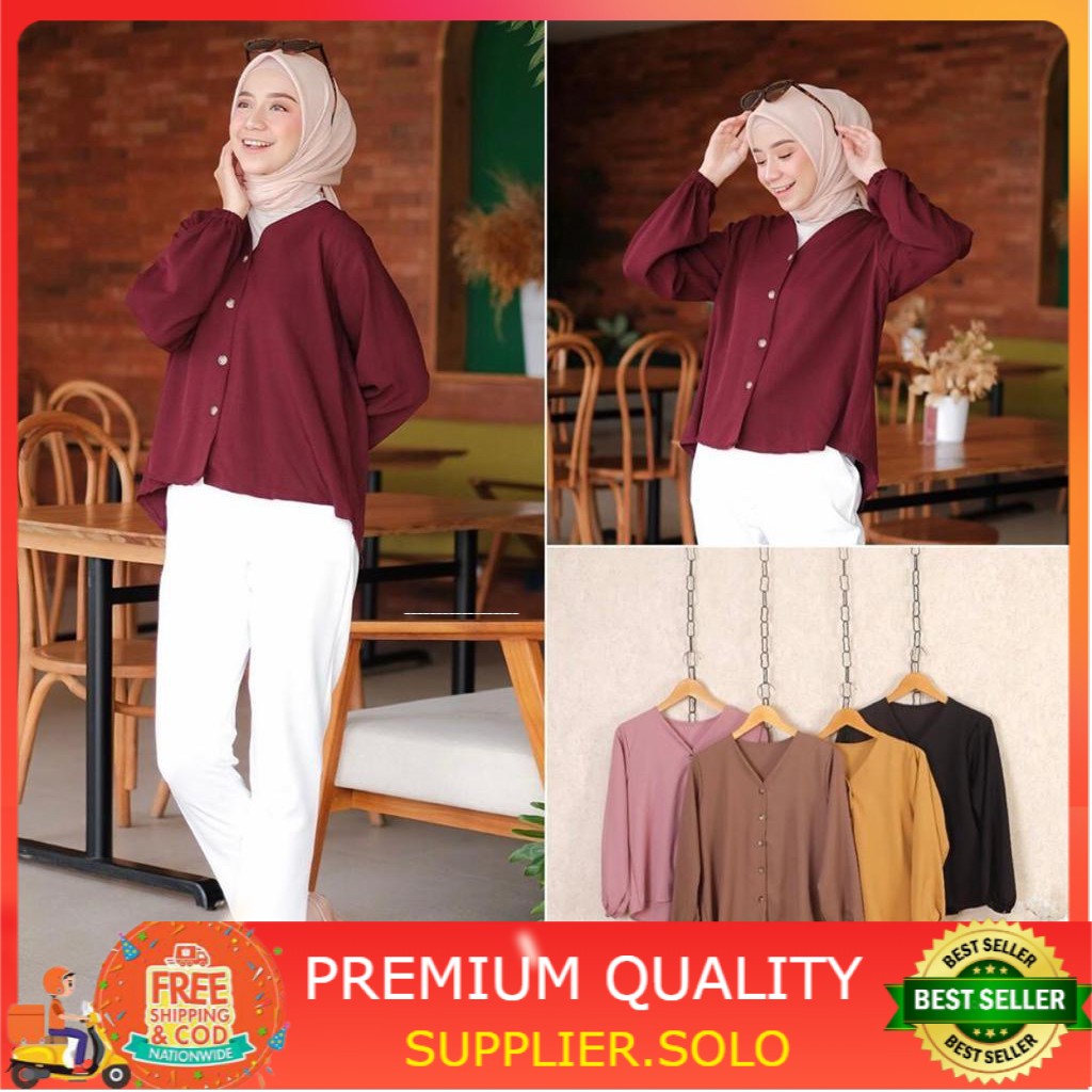 LUCY TOP BLOUSE / PLUFFY BLOUSE / KEMEJA V / KEMEJA POLOS / KEMEJA TANGAN KERUT