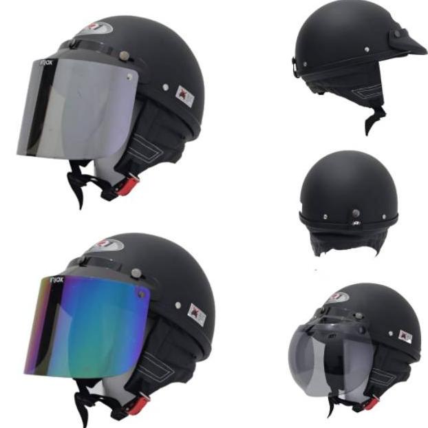 TERLENGKAP HELM JPN CHIPS BOGO RETRO ORIGINAL BLACK DOFF SET KACA SDFSD5165