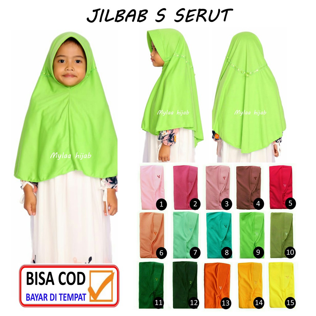 Jilbab instan serut pita Size S anak sekolah bahan kaos PE