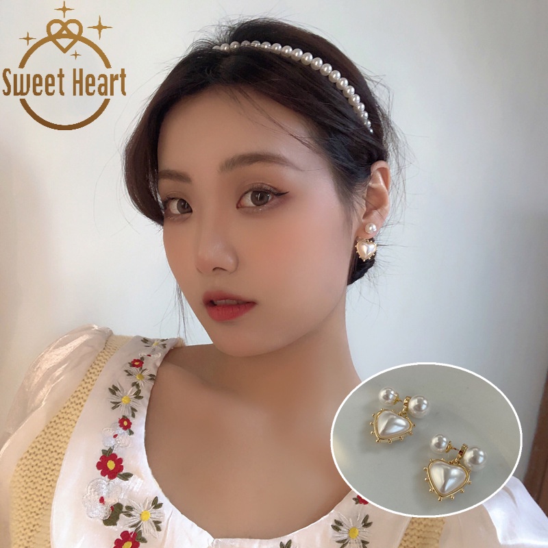 Anting Stud S925 Silver Needle Bentuk Hati Aksen Mutiara Gaya Retro Korea Untuk Aksesoris