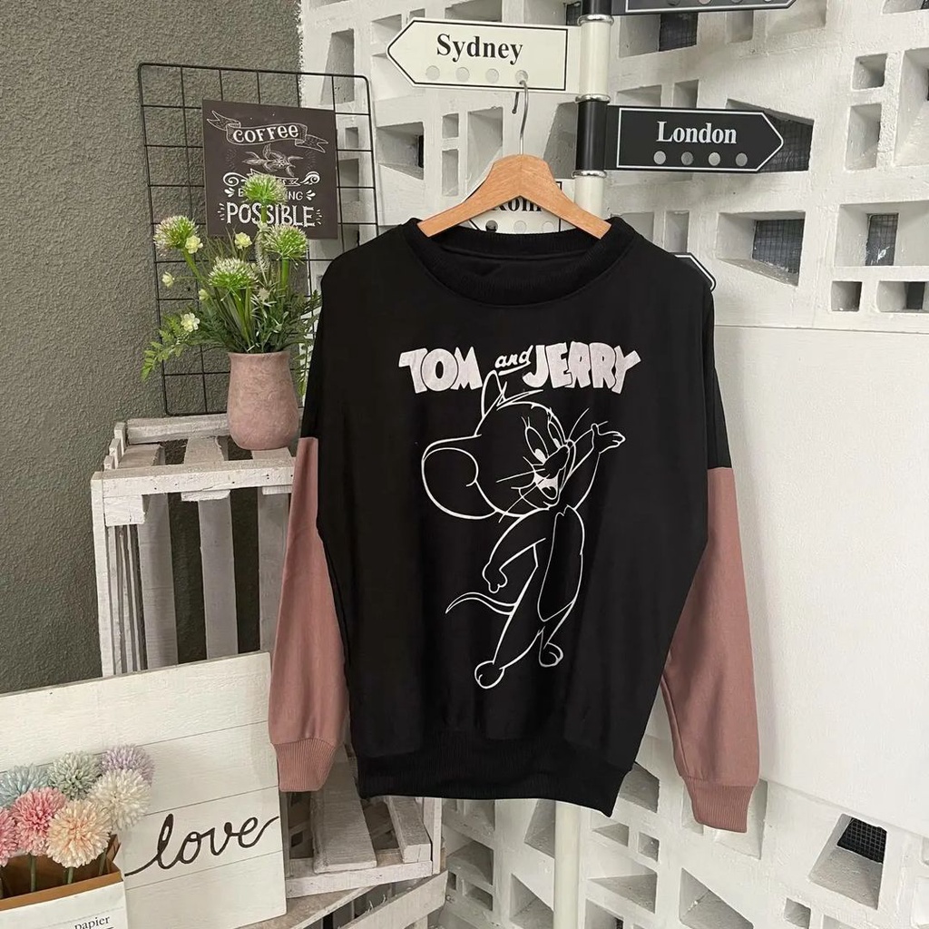 Tom &amp; Jerry Sweatshirt Atasan Unisex Mix Warna Hitam Mocha Terbaru