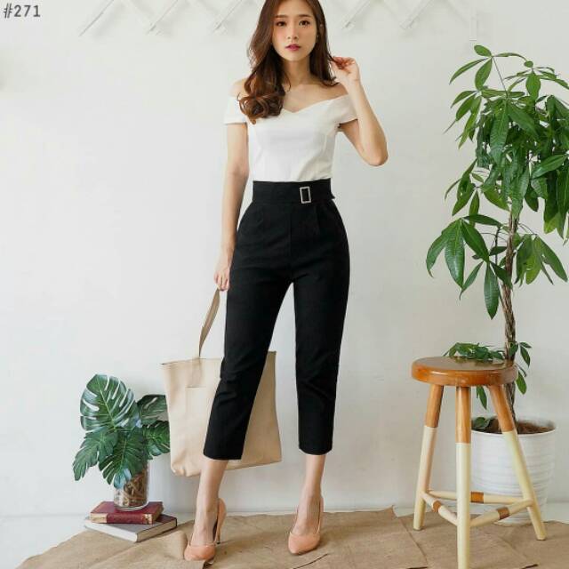 CELANA WANITA KATUN HIGH WAIST NAVY POLOS 7 per 8