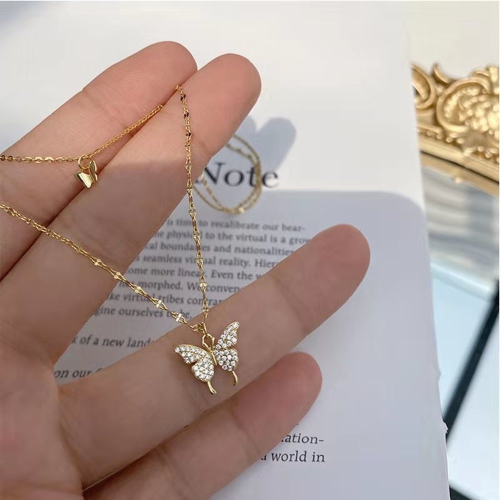 Kalung Rantai Klavikula Desain Kupu-Kupu Ganda Bahan Sterling Silver Untuk Wanita