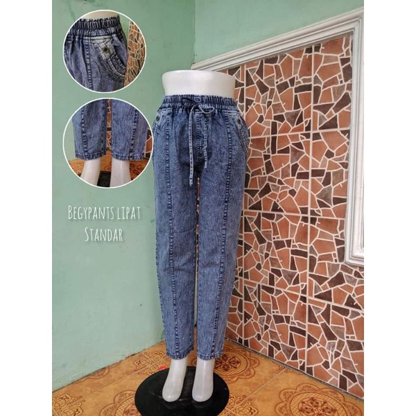 Baggy jeans wash snow bahan adem pinggang karet tali aktif allsize