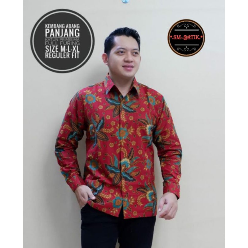 Batik Lengan Pria Warna Merah Kemeja Batik Warna Merah Lapis Furing KEMBANG ABANG Baju Batik Furing