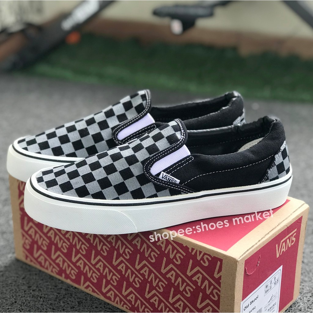 Vans Slip On Checkerboard Black Grey Sneakers Pria