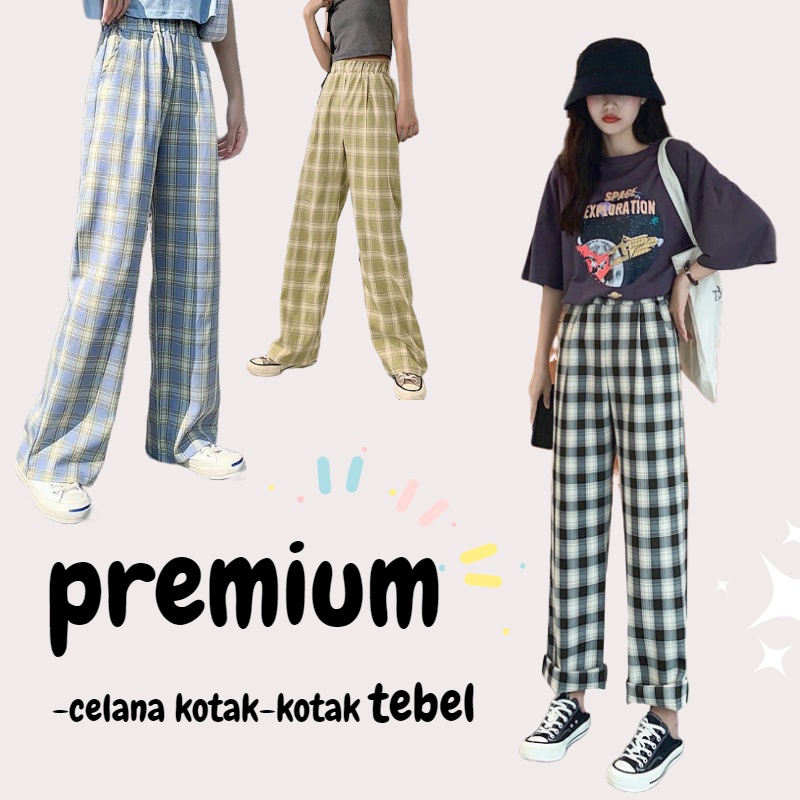 Celana Kotak Kotak Wanita Celana Highwaist Wanita Kulot Celana Korea Pinggang Elastis Celana Tartan