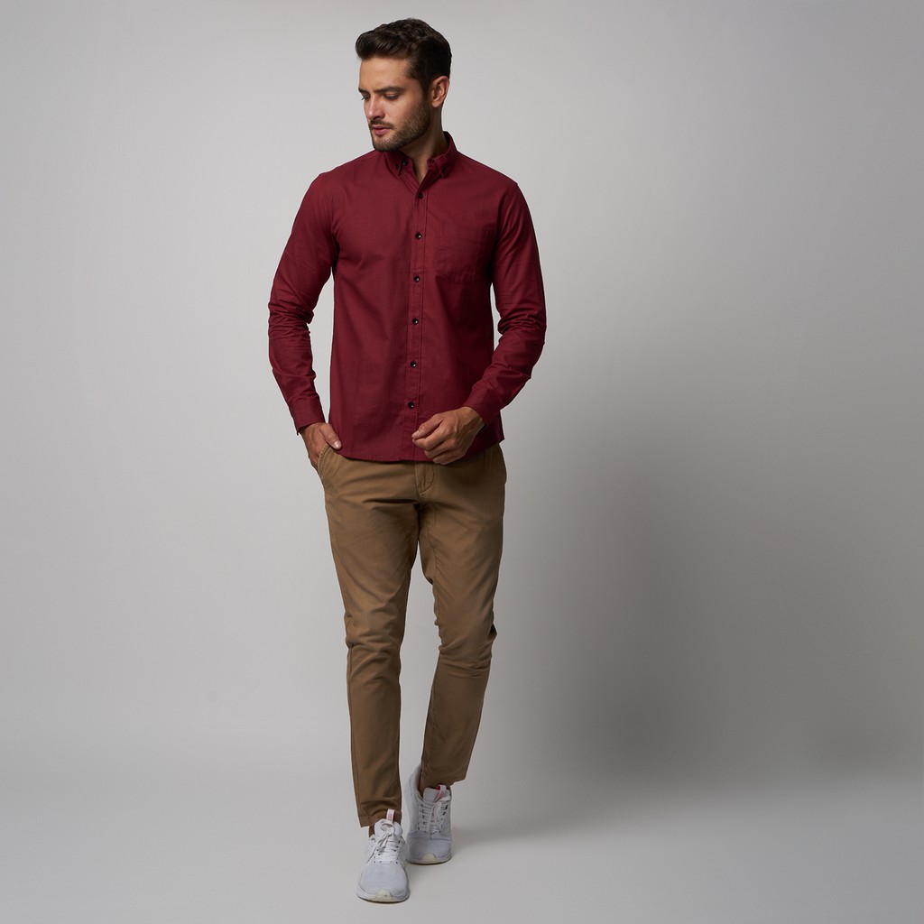 Kemeja Cowok Polos Pria Tangan Panjang Maroon Premium Quality Sigarate Slimfit Casual Kantoran Trend