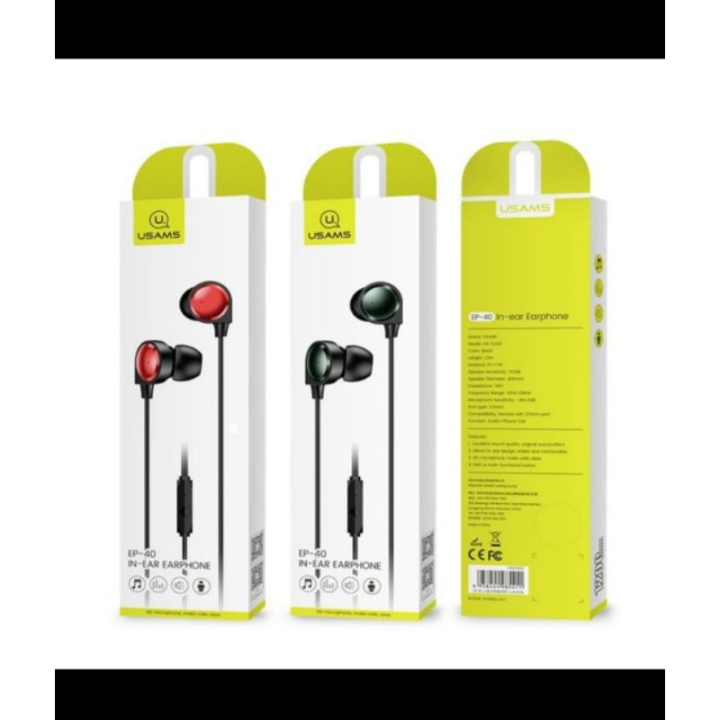 USAMS EP40 In-Ear Earphone Kabel 1.2M - Hitam/Merah, Driver 10mm, Mikrofon Bawaan