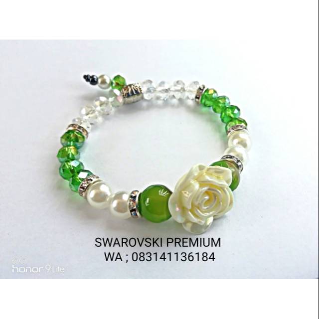 GELANG PREMIUM KRISTAL SWAROVSKI FLOWER MIX MUTIARA + BATU ALAM PREMIUM