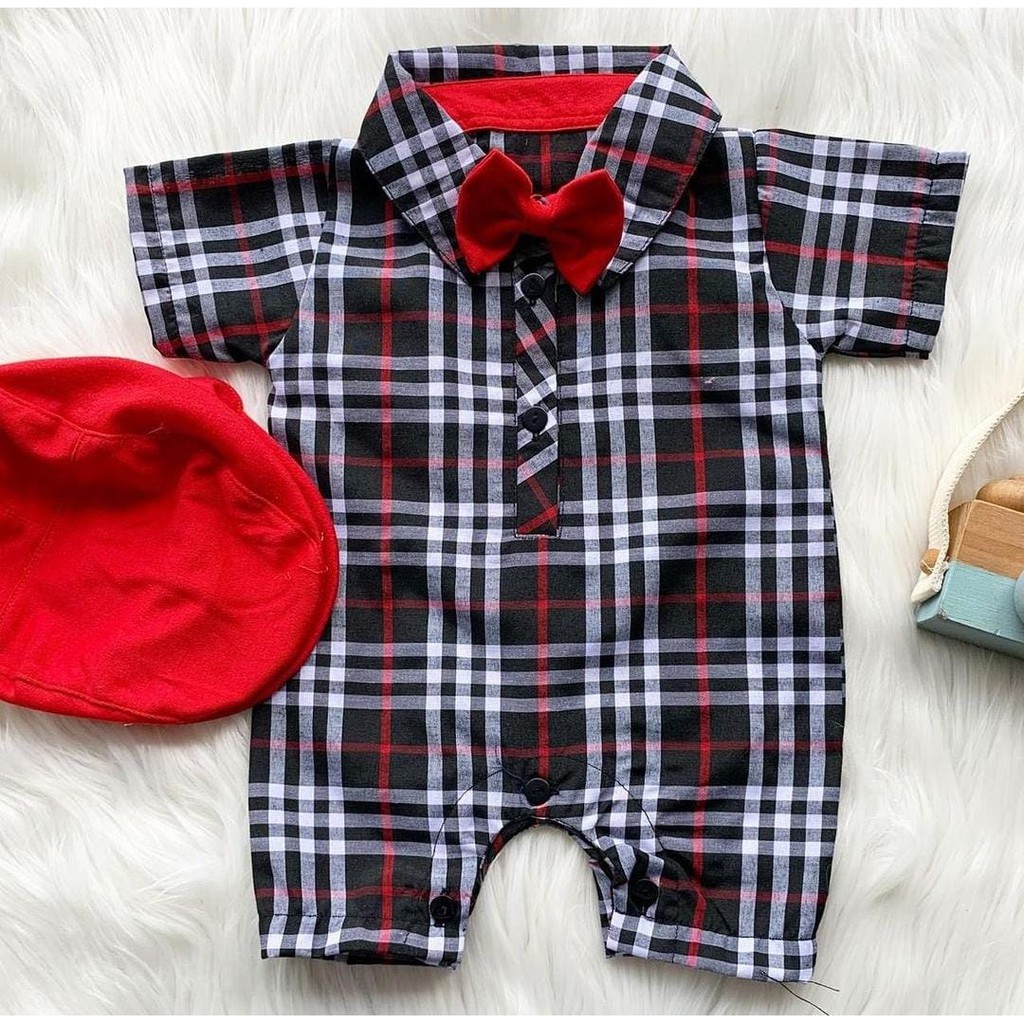 Baju setelan kemeja romper free topi dasi babyboy bayi lakilaki cowok lucu bahan lembut murah -bur