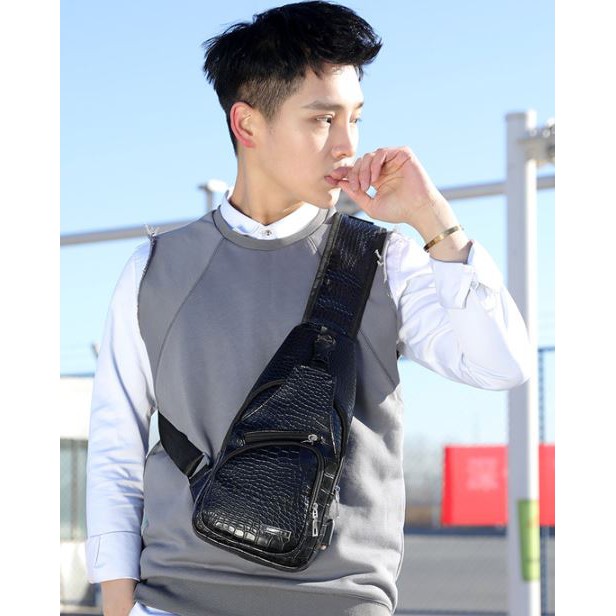 TAS BAHU PRIA KULIT TA041B5 COSTA HITAM CROCODILE MURAH USB BATAM FASHION COWOK KOREA ABG ORI