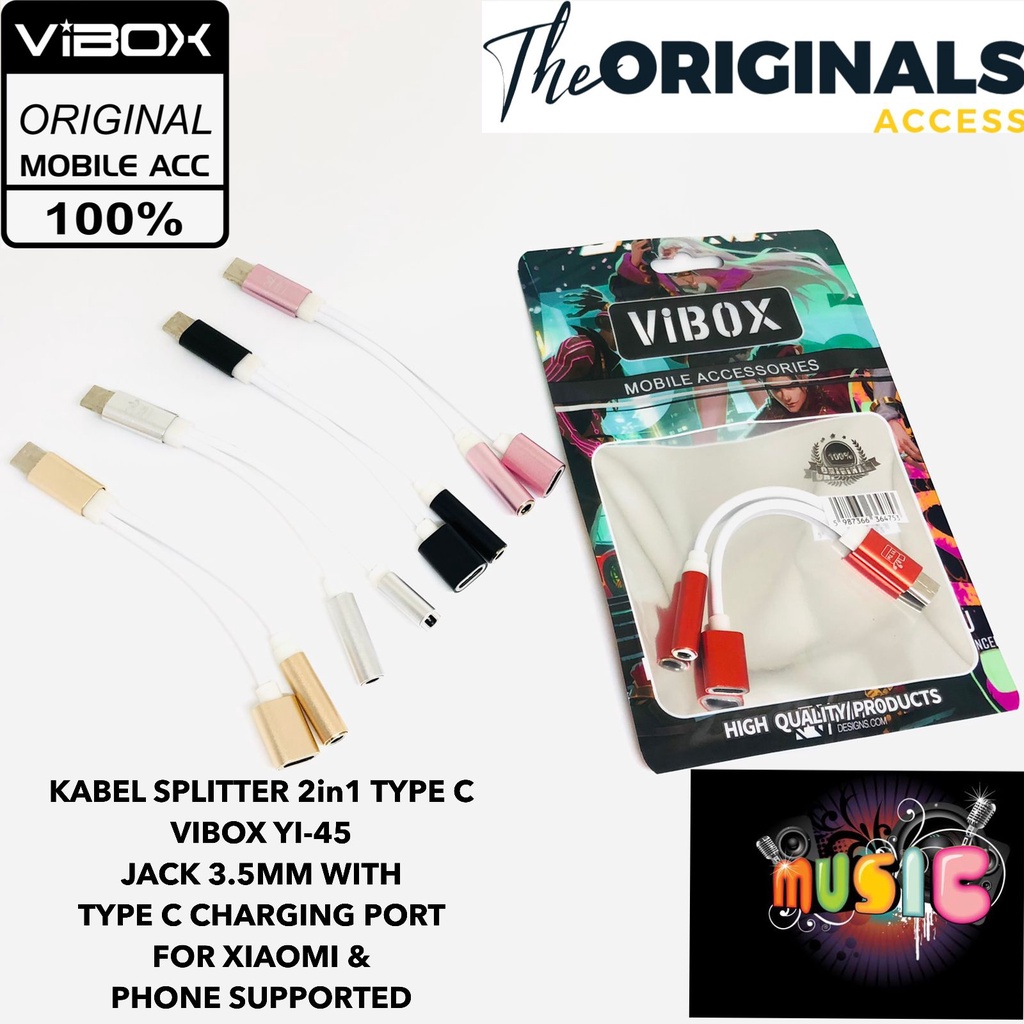 kabel Adapter vibox 2 in 1 USB Type C to 3.5mm Headphone Audio Aux Jack And Type C LX-03 KABEL SPLITTER 2in1 TYPE C VIBOX YI-45 JACK 3.5MM WITH  TYPE C CHARGING PORT FOR XIAOMI &amp;  PHONE SUPPORTED