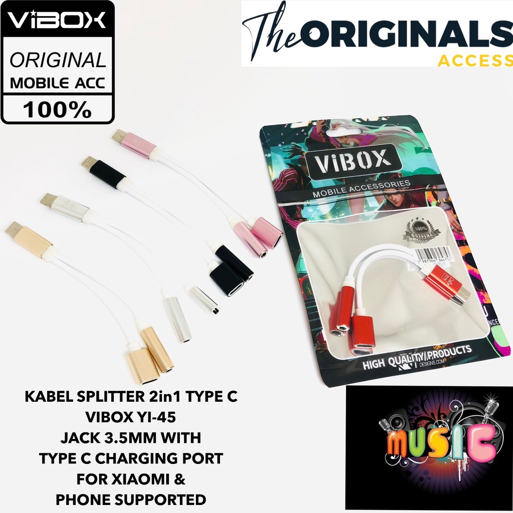 PROMO KABEL AUX TYPE C QTOP GL022 2IN1 MUSIC &amp; CHARGING KABEL SPLITTER 2in1 TYPE C VIBOX YI-45 JACK 3.5MM WITH  TYPE C CHARGING PORT FOR XIAOMI &amp;  PHONE SUPPORTED