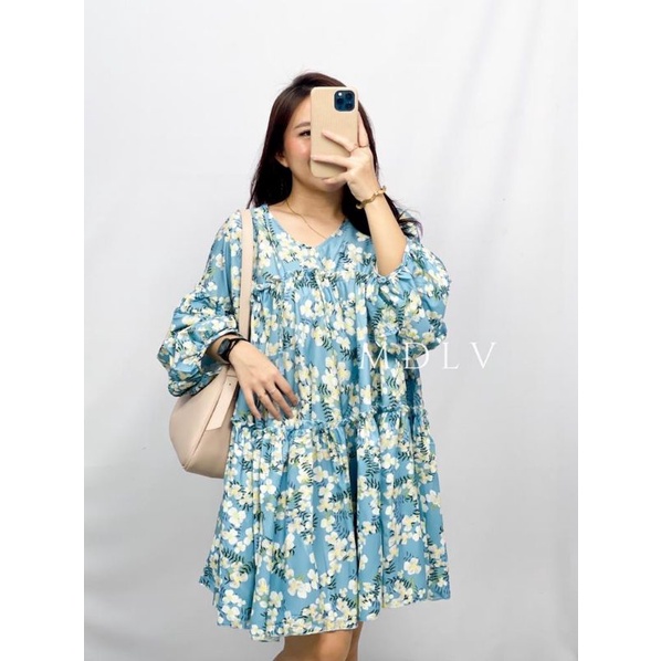 MDLV ~ 6960# Carlotta Loose Mini Dress Babydoll Dress Bigsize Blue Flower Fashion Import