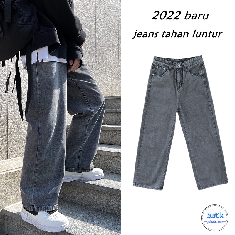 Celana Jeans Pria Celana Panjang Pria Korean Style Straight Jeans Santai Longgar Pria Oversize Celana Denim Hitam
