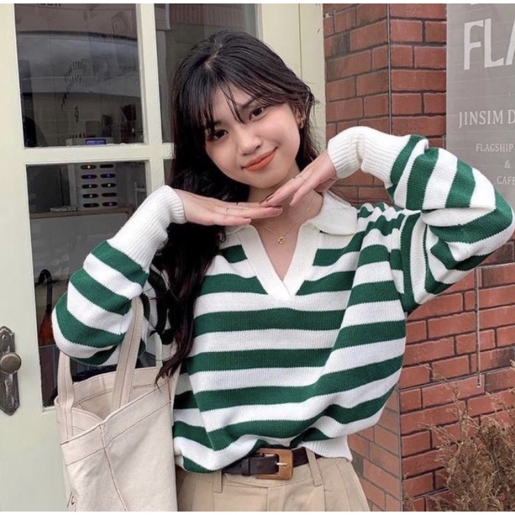 Crop Rajut Sweater Thania blaster  Strip Sweater Rajut korea wanita