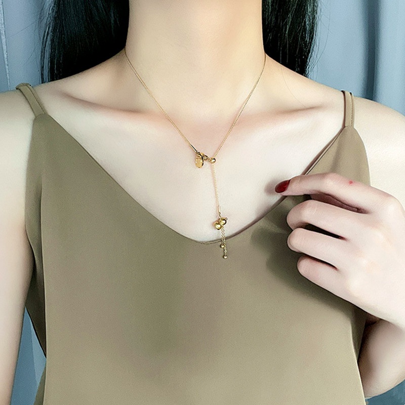 Kalung Titanium Asli Emas 18k Rumbai Labu Beruntung 'Fu' Anti Karat Perhiasan Wanita