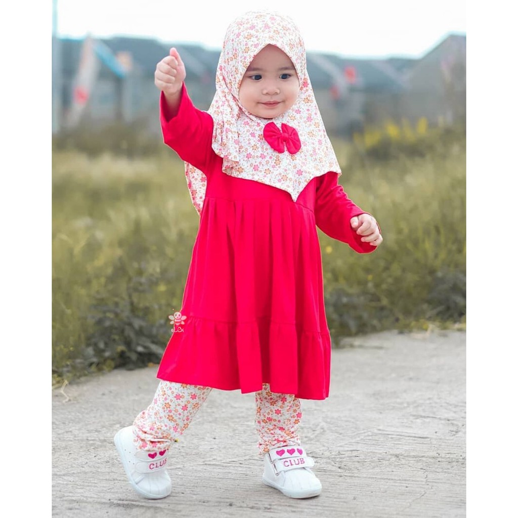 COD - eLBi Baju Setelan Muslim Anak Perempuan Spandek Rayon Super Terbaik ( 1-6 Th Set Hijab Nayla )