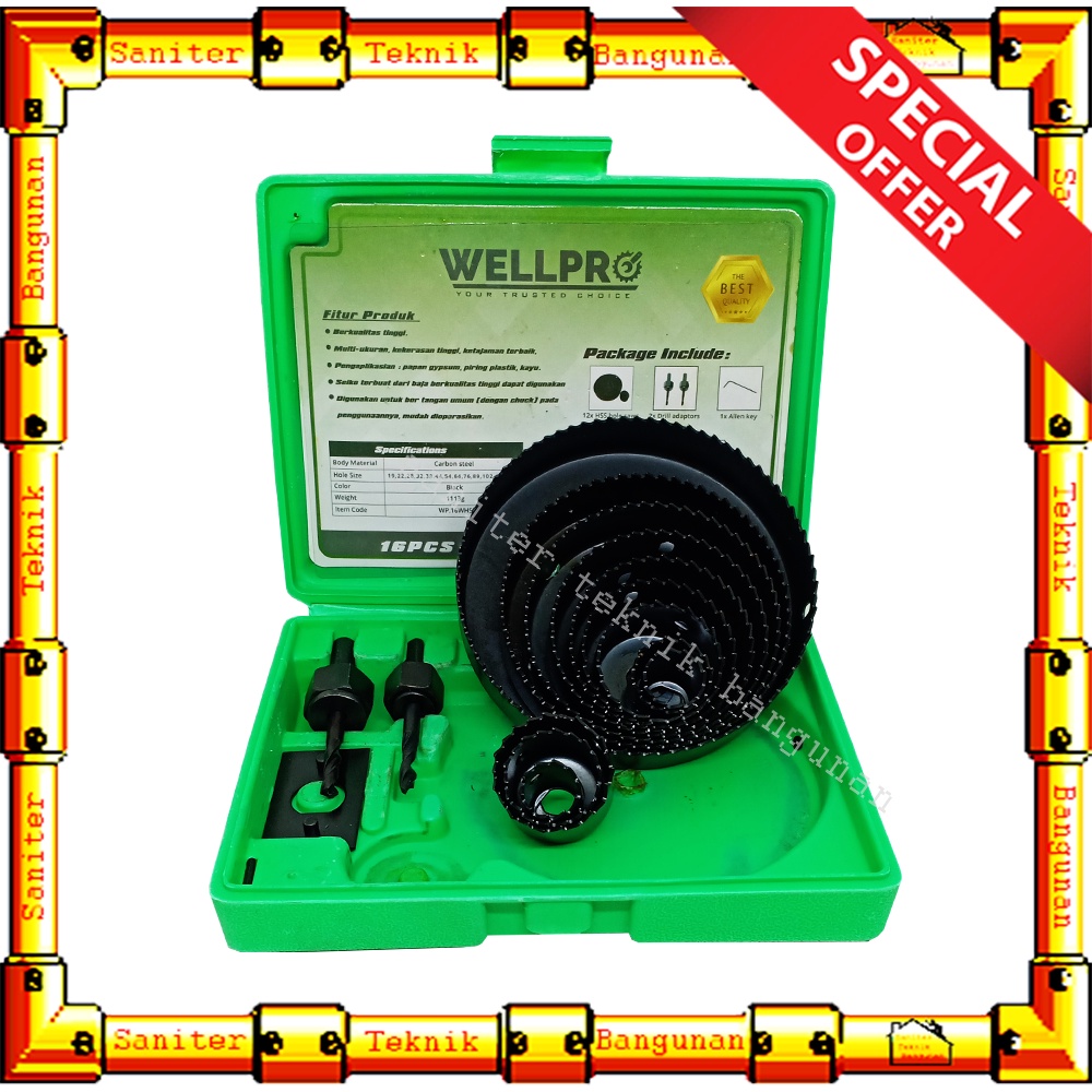 Hole Saw Mata Bor Kayu Set 16Pcs Wellpro Alat Pelubang Kayu Carbon Steel