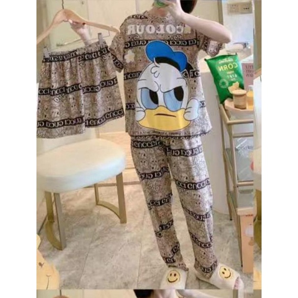 Piyama Cp 3in1 baju tidur wanita import spandek comic/Baju Tidur (Inc Baju + 2 Celana) Fit to XXL